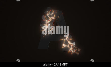 strangely cracked A letter. technological and mystical look with glowing inside details. suitable for technology and alphabetical themes. 3d illustrat Stock Photo