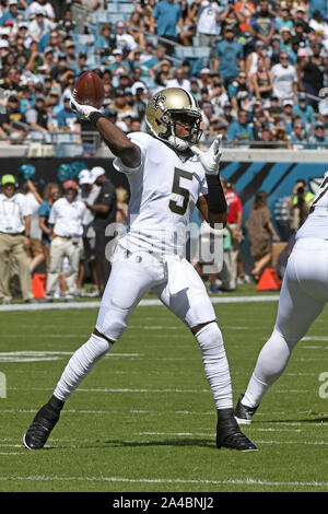 Jacksonville, United States. 13th Oct, 2019. Saints Quarterback Teddy Bridgewater (5) passes during the first quarter as the New Orleans Saints play the Jacksonville Jaguars at the TIAA Bank Field in Jacksonville, Florida on Sunday, October 13, 2019. The Saints defeated Jacksonville 13-6. Photo by Joe Marino/UPI Credit: UPI/Alamy Live News Stock Photo