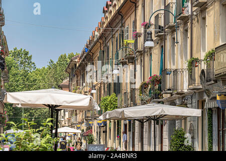 The architecture along  Via Monferrato ,a street  lined with restaurants  and shops in Turin ,Italy Stock Photo