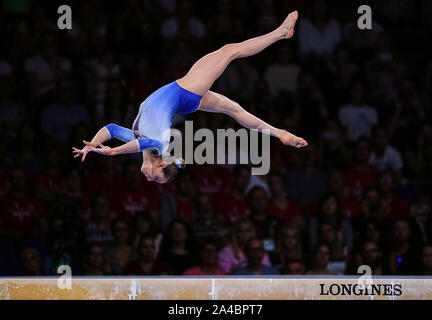 Stuttgart, Germany. 13th Oct, 2019. Sarah Voss of Germany competing in balance beam for women during the 49th FIG Artistic Gymnastics World Championships at the Hanns Martin Schleyer Halle in Stuttgart, Germany. Ulrik Pedersen/CSM/Alamy Live News Stock Photo