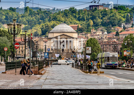 View from Piazza Vittorio Veneto of Chiesa Gran Madre Di Dio , a Neoclassic-style church which overlooks the River Po ,Turin , Italy Stock Photo