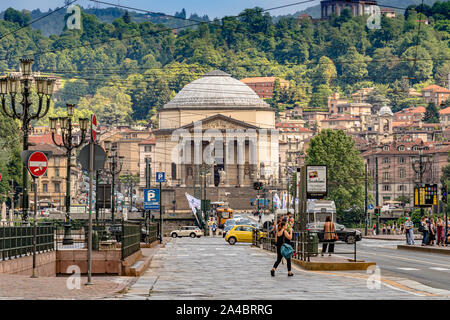 View from Piazza Vittorio Veneto of Chiesa Gran Madre Di Dio , a Neoclassic-style church which overlooks the River Po ,Turin , Italy Stock Photo