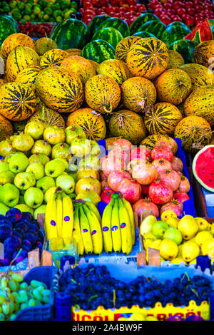 Fresh colourful fruit at the fish and vegetable market in Fethiye, Turkish Riviera, Turkey Stock Photo