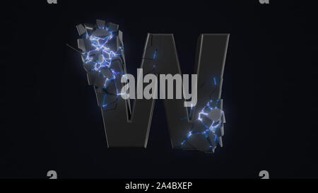 strangely cracked W letter. technological and mystical look with glowing inside details. suitable for technology and alphabetical themes. 3d illustrat Stock Photo