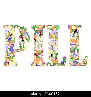 Colorful Pill Text Isolated on White Background. Medical Sign Design Stock Vector