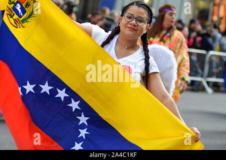 New York, United States. 13th Oct, 2019. NEW YORK, NY - OCTOBER 13, 2019: The 55th annual Hispanic Day Parade marches up Fifth Avenue on Sunday; October 13, 2019. Thousands of Hispanic New Yorkers participated and viewed the colorful Cultural Parade in New York City. (Photo by Ryan Rahman/Pacific Press) Credit: Pacific Press Agency/Alamy Live News Stock Photo