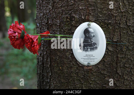 Photograph of one of the victims of Bolshevik political repressions installed by his relatives at the Levashovo Memorial Cemetery in the forest next to Levashovo railway station near Saint Petersburg, Russia. The forest became the mass burial place of the people executed during the Great Purge by the Soviet secret police NKVD, later known as the KGB. There were at least 19,000 victims of political repressions buried here from 1937 to 1954. According to other sources, about 45,000 people could be buried at at the Levashovo Memorial Cemetery in unmarked graves. Stock Photo