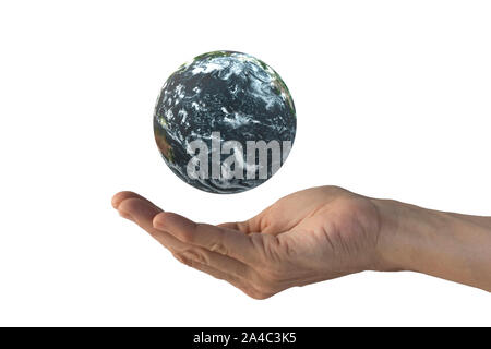 Planet Earth floating on human hand, isolated on a white background Stock Photo