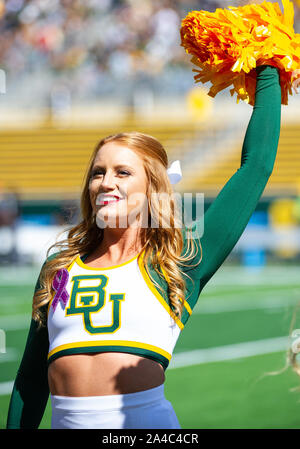 Waco, Texas, USA. 12th Oct, 2019. Baylor Bears cheerleaders perform before the 1st half of the NCAA Football game between Texas Tech Red Raiders and the Baylor Bears at McLane Stadium in Waco, Texas. Matthew Lynch/CSM/Alamy Live News Stock Photo