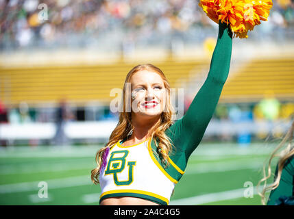 Waco, Texas, USA. 12th Oct, 2019. Baylor Bears cheerleaders perform before the 1st half of the NCAA Football game between Texas Tech Red Raiders and the Baylor Bears at McLane Stadium in Waco, Texas. Matthew Lynch/CSM/Alamy Live News Stock Photo