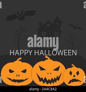 spooky happy halloween card with jack-o-lantern pumpkins and bat on dark background vector illustration Stock Vector