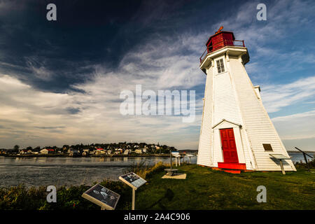 Mulholland Point navigation light and Town of Lubec, Maine   Welshpool, Campobello Island, New Brunswick, CA Stock Photo