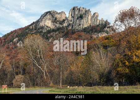 The Seneca Rocks, a large crag and local landmark in Pendleton County in the Eastern Panhandle (it has a northern one, too) of West Virginia Stock Photo