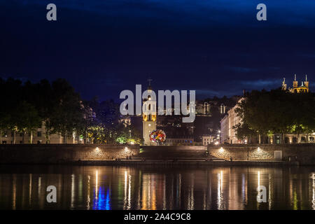 Panorama of Presqu'ile district in Lyon at Night with the Basilique de Fourviere Church and Clocher de la Charite Clocktower. It is the remaining of a Stock Photo