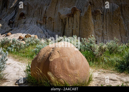 Cannonball concretions form from mineral rich water deposits in the North Dakota Badlands. Stock Photo