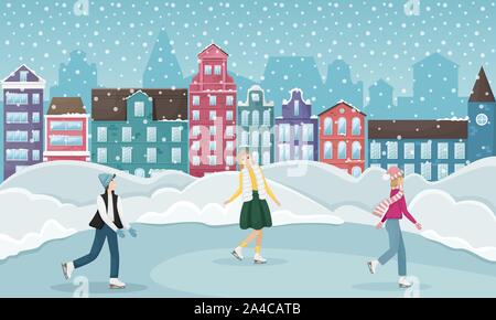 People skate in winter. Winter cityscape with the European houses and the snow. Winter entertainment. Flat vector illustration. Stock Vector