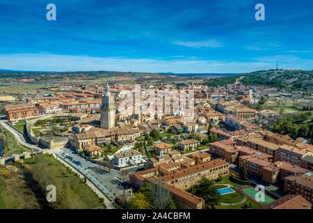 Burgo de Osma medieval castle and town aerial view in Castille and Leon Spain with blue sky on a sunny day Stock Photo