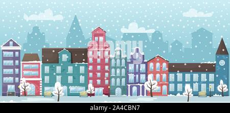Winter cityscape with the European houses and the snow. Flat vector illustration. Stock Vector