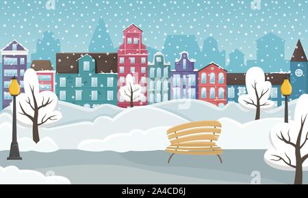 Winter cityscape with the European houses and the snow. Flat vector illustration. Stock Vector