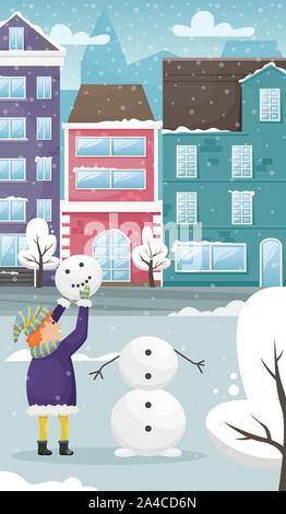 Red-haired child in winter clothes sculpts a snowman. Winter entertainment. Winter cityscape with the European houses and the snow. Flat vector illust Stock Vector