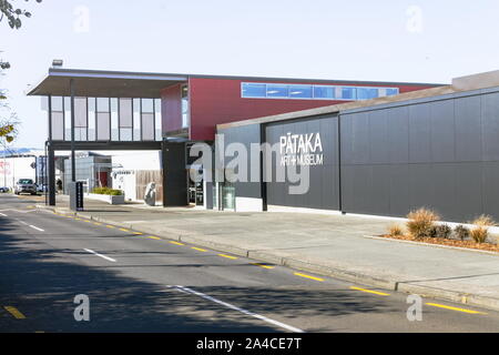 Porirua, New Zealand - September 17th, 2019: Exterior view of the entrance to Pataka, a contemporary art gallery showcasing Maori, New Zealand & inter Stock Photo