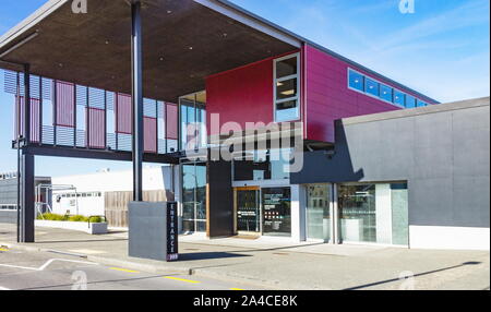 Porirua, New Zealand - September 17th, 2019: Exterior view of the entrance to Pataka, a contemporary art gallery showcasing Maori, New Zealand & inter Stock Photo