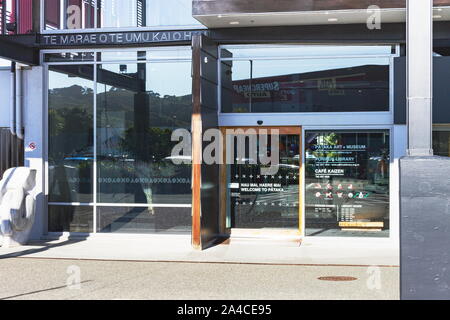 Porirua, New Zealand - September 17th, 2019: Exterior view of the entrance to Pataka, a contemporary art gallery showcasing Maori, New Zealand & inter Stock Photo