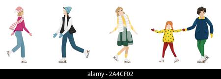 Set of five people skating on figure skates. Winter entertainment. Flat vector illustration. Stock Vector
