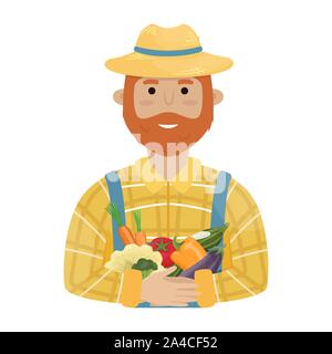 A farmer with a red beard in a straw hat, a plaid shirt and a crop in his hands. Flat vector illustration. Stock Vector