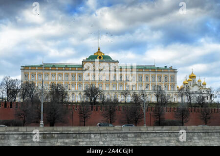 MOSCOW,RUSSIA - MARCH 11,2014: Grand Kremlin Palace Bolshoy Kremlyovskiy Dvorets . View from the Moscow River embankment. Stock Photo