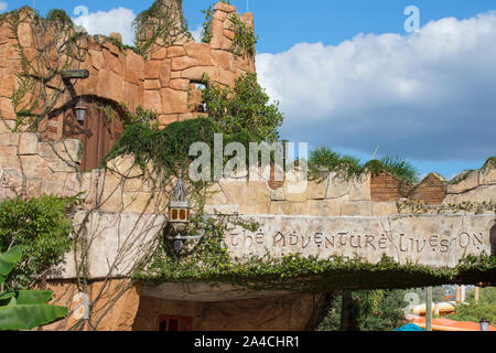 Islands of Adventure, The Adventure Lives On carved into rock,Park Exit Universal Studios Resort, Orlando, USA Stock Photo