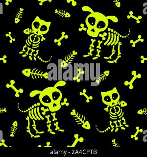 Halloween seamless pattern. Funny skeleton, skull and bones. Vector pattern on a black background Stock Vector