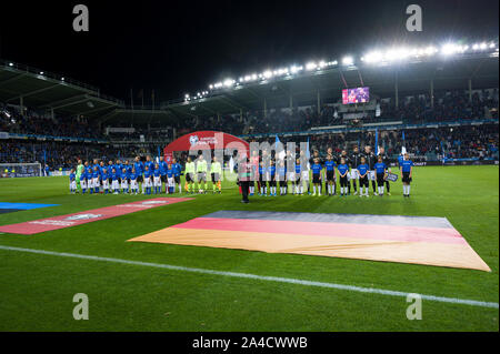 Tallinn, Estonia. 13th Oct, 2019. Football: European Championship qualification, Estonia - Germany, Group stage, Group C, 8th matchday in the A. Le Coq Arena: Germany and Estonia teams before the match. Credit: Federico Gambarini/dpa/Alamy Live News Stock Photo