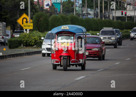 Chiangmai, Thailand -  October 10 2019: Tuk tuk taxi chiangmai Service in city and around. Photo at  Road to chiangmai city. Stock Photo