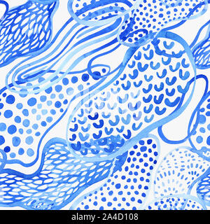 Aqua blue abstract seamless pattern. Watercolor fluid shapes background. Flowing water color drops and bubbles. Hand painted art illustration for mode Stock Photo