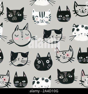 Watercolor cute cats faces seamless pattern. Sweet cat muzzles monochrome background. Nursery design in scandinavian style. Hand painted childish back Stock Photo