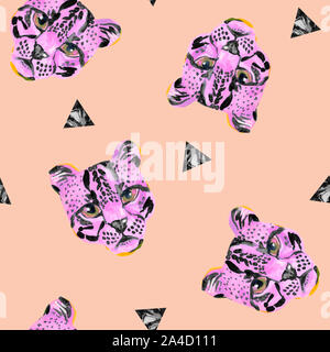 Creative watercolor wild cat (ococelot) muzzle on white background. Exotic wild animal and geometric elements seamless pattern. Hand painted wildcat i Stock Photo