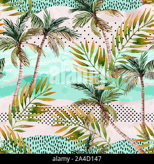 Abstract summer beach background. Art illustration with watercolor palm trees, palm leaves, doodles and grunge textures. Geo design in 80s, 90s minima Stock Photo