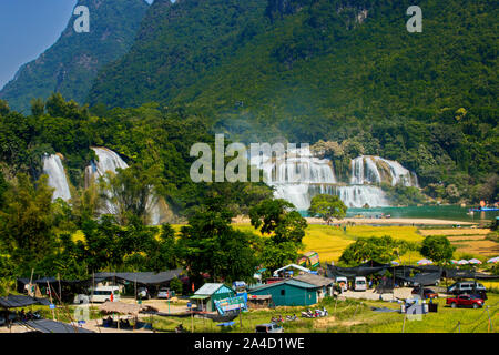 Beauty of Ban Gioc Waterfall in Cao Bang, Vietnam in harvest time. Stock Photo