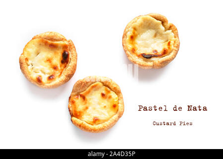 Pastel de nata Portugese egg custard pies isolated on white background, top view, flat lay. Stock Photo