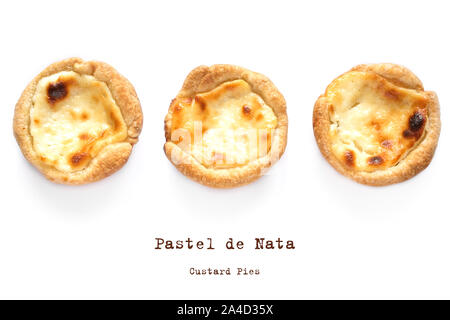 Pastel de Nata Portugese egg custard pies isolated on white background, top view, flat lay. Stock Photo