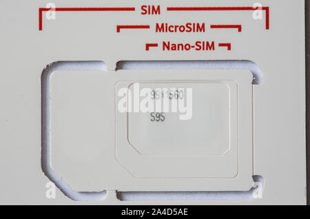 SIM cards for mobile phones, various sizes, MicroSIM, Nano-SIM, Stock Photo