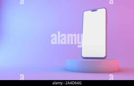 Smartphone mockup with blank white screen with neon lighting. 3D Render Stock Photo