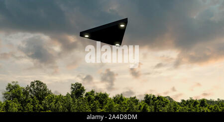 Triangular shaped ufo flying in the sky 3d illustration Stock Photo