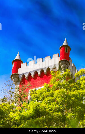 Sintra, Portugal landmark, red clock tower in Pena Palace close-up detail view Stock Photo
