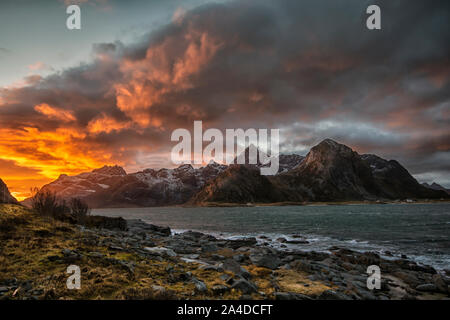 Sunset over mountain landscape, Lofoten, Nordland, Norway Stock Photo