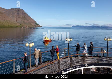 SAILING ON THE ASTORIA IN THE ISAFJARDARJUP FJORD, BAY OF ISAFJORDUR, ICELAND, EUROPE Stock Photo