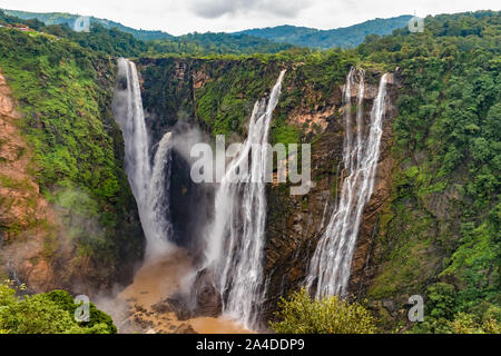 Beautiful view of very famous Jog Falls, Rocket Falls and Roarer Falls on Sharavathi River, in Western Ghats of Karnataka state in monsoon season. Stock Photo