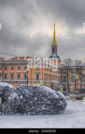 Winter landscape with a view of the St. Michael's Castle is a former royal residence in the historic centre of Saint Petersburg vertical orientation Stock Photo
