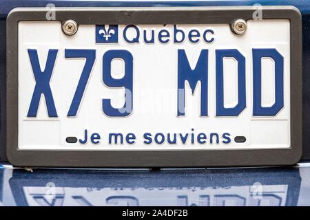 CAR LICENSE PLATE, JE ME SOUVIENS (I REMEMBER), THE MOTTO OF QUEBEC, CANADA Stock Photo